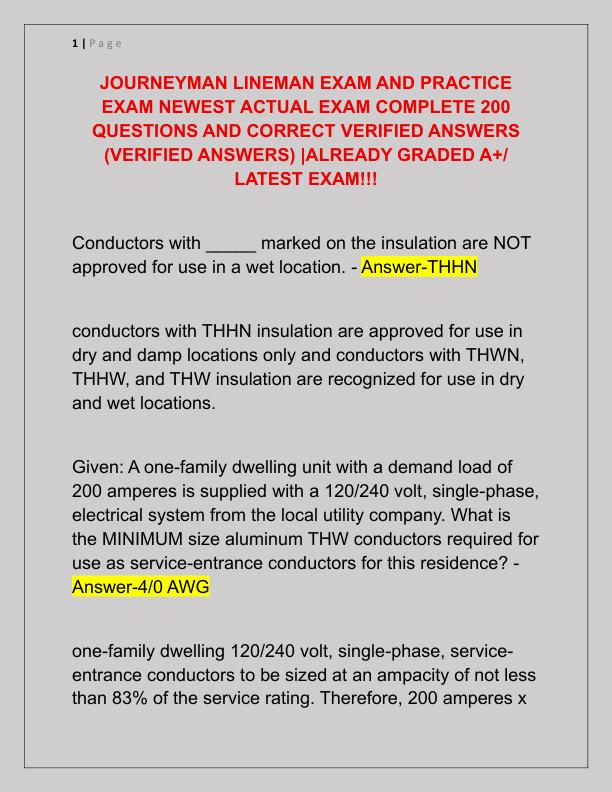 JOURNEYMAN LINEMAN EXAM AND PRACTICE EXAM NEWEST ACTUAL EXAM COMPLETE 200 QUESTIONS AND CORRECT VERIFIED ANSWERS