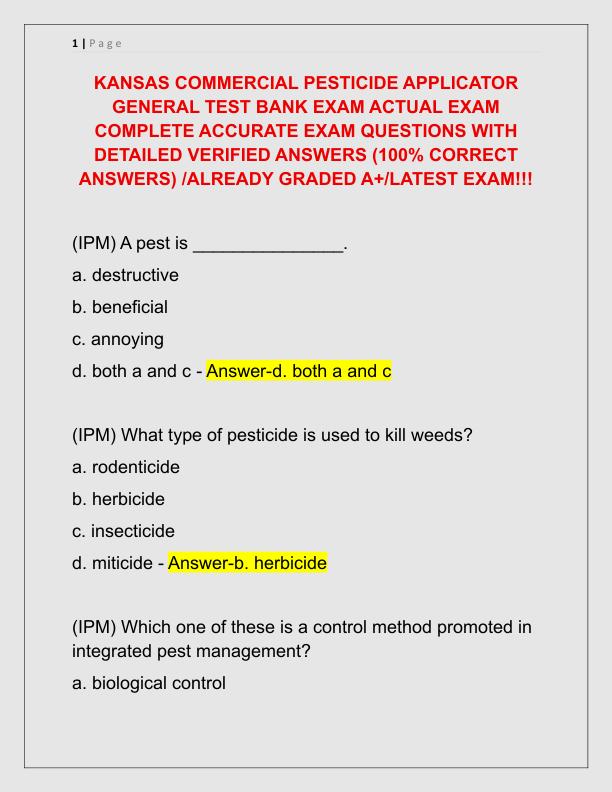 KANSAS COMMERCIAL PESTICIDE APPLICATOR GENERAL TEST BANK EXAM ACTUAL EXAM COMPLETE ACCURATE EXAM QUESTIONS WITH DETAILED VERIFIED ANSWERS