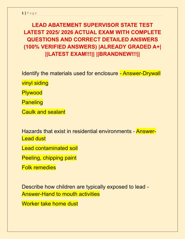 LEAD ABATEMENT SUPERVISOR STATE TEST LATEST 2025