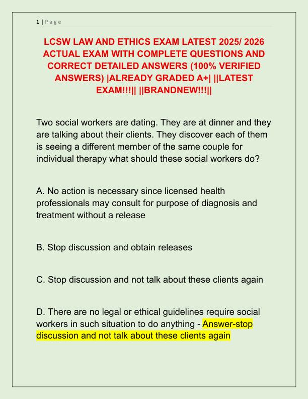 LCSW LAW AND ETHICS EXAM LATEST 2025