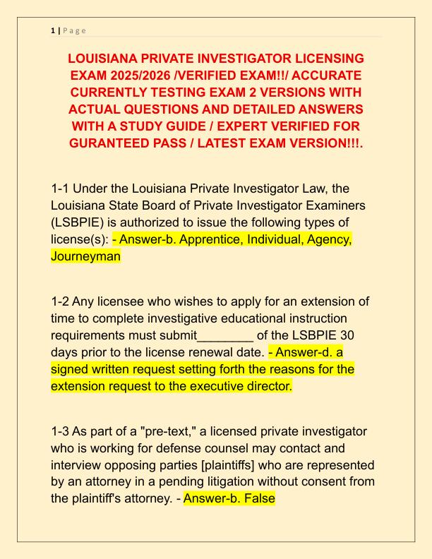 LOUISIANA PRIVATE INVESTIGATOR LICENSING EXAM 2025