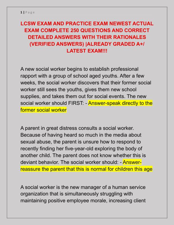 LCSW EXAM AND PRACTICE EXAM NEWEST ACTUAL EXAM COMPLETE 250 QUESTIONS AND CORRECT DETAILED ANSWERS WITH THEIR RATIONALES