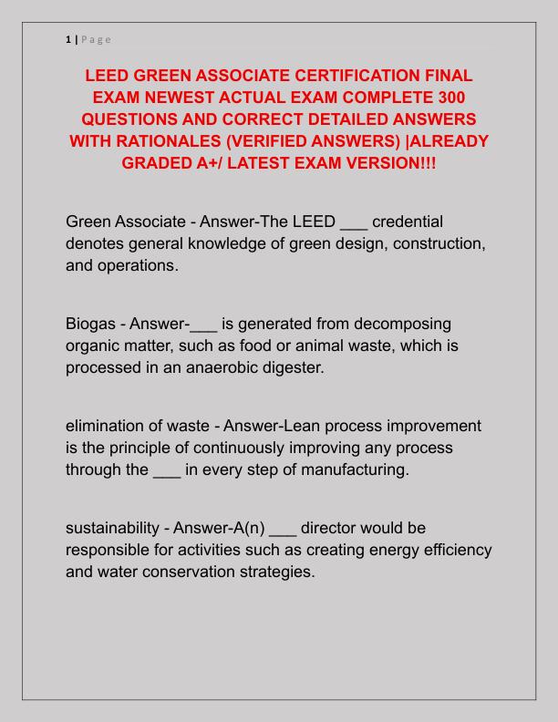 LEED GREEN ASSOCIATE CERTIFICATION FINAL EXAM NEWEST ACTUAL EXAM COMPLETE 300 QUESTIONS AND CORRECT DETAILED ANSWERS WITH RATIONALES