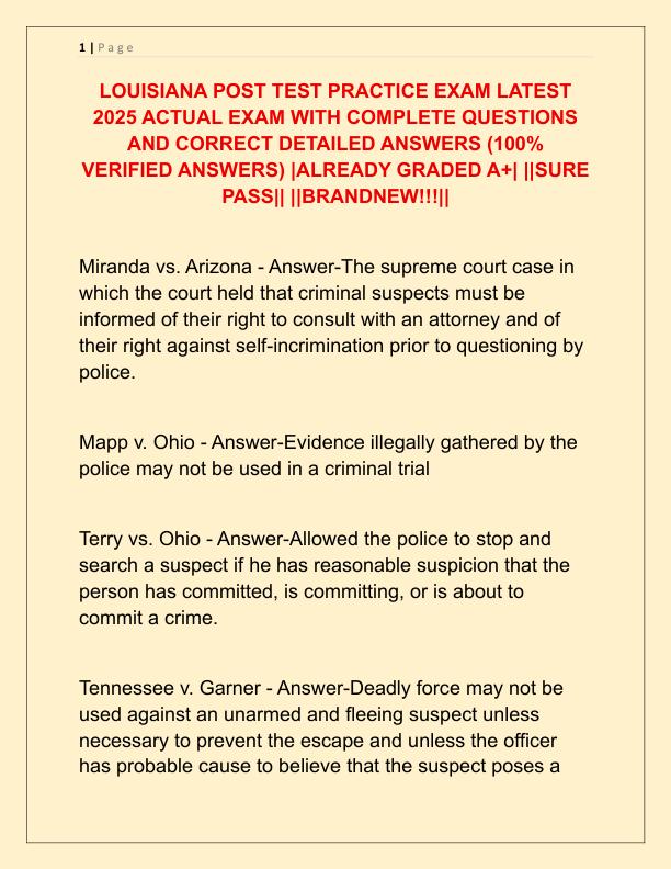 LOUISIANA POST TEST PRACTICE EXAM LATEST 2025 ACTUAL EXAM WITH COMPLETE QUESTIONS AND CORRECT DETAILED ANSWERS