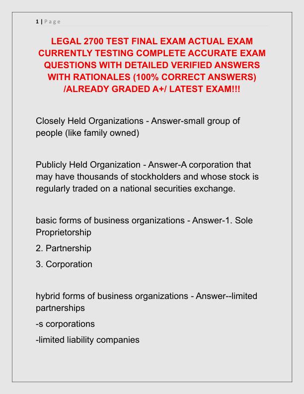 LEGAL 2700 TEST FINAL EXAM ACTUAL EXAM CURRENTLY TESTING COMPLETE ACCURATE EXAM QUESTIONS WITH DETAILED VERIFIED ANSWERS WITH RATIONALES