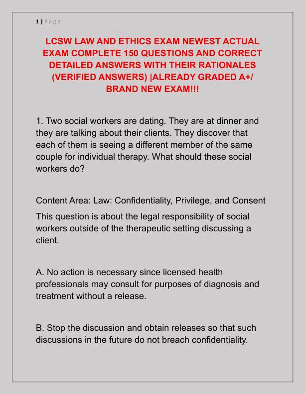LCSW LAW AND ETHICS EXAM NEWEST ACTUAL EXAM COMPLETE 150 QUESTIONS AND CORRECT DETAILED ANSWERS WITH THEIR RATIONALES
