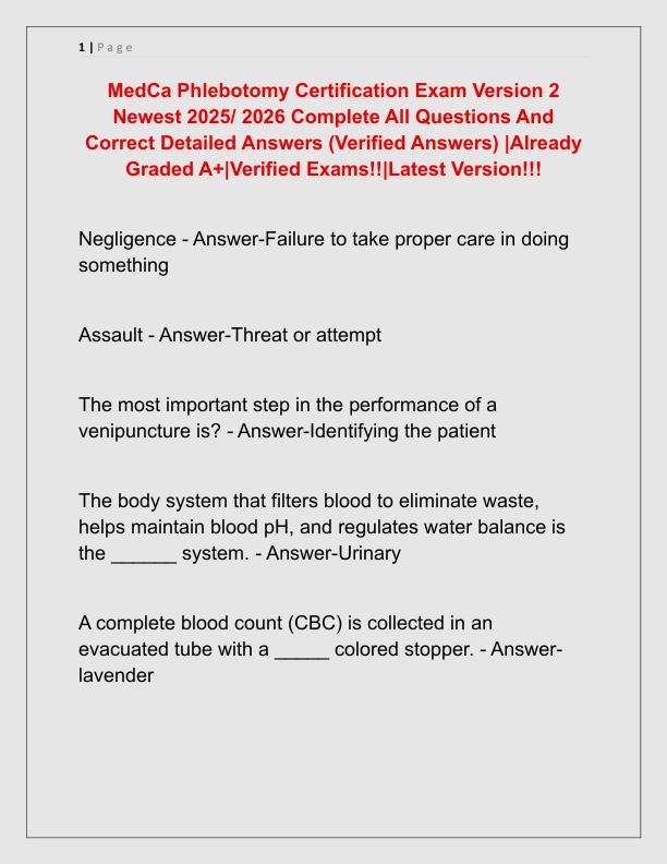 MedCa Phlebotomy Certification Exam Version 2 Newest 2025