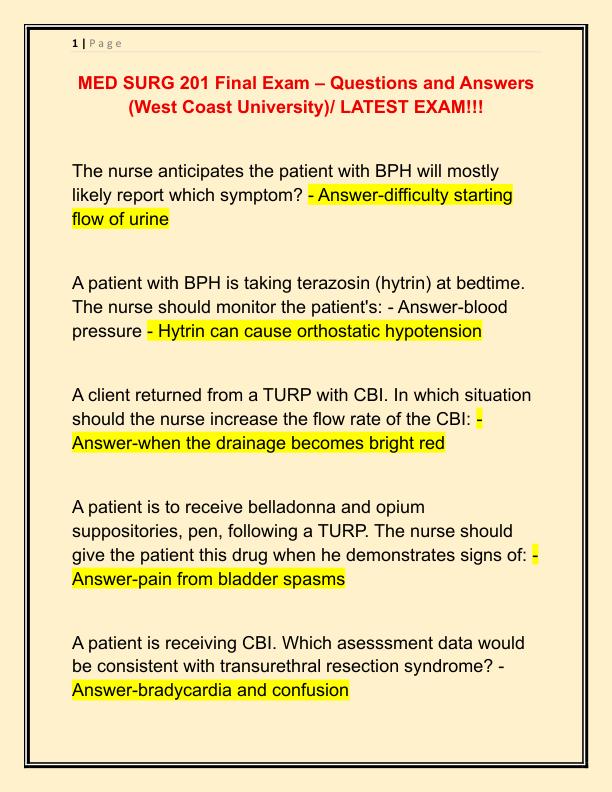 MED SURG 201 Final Exam