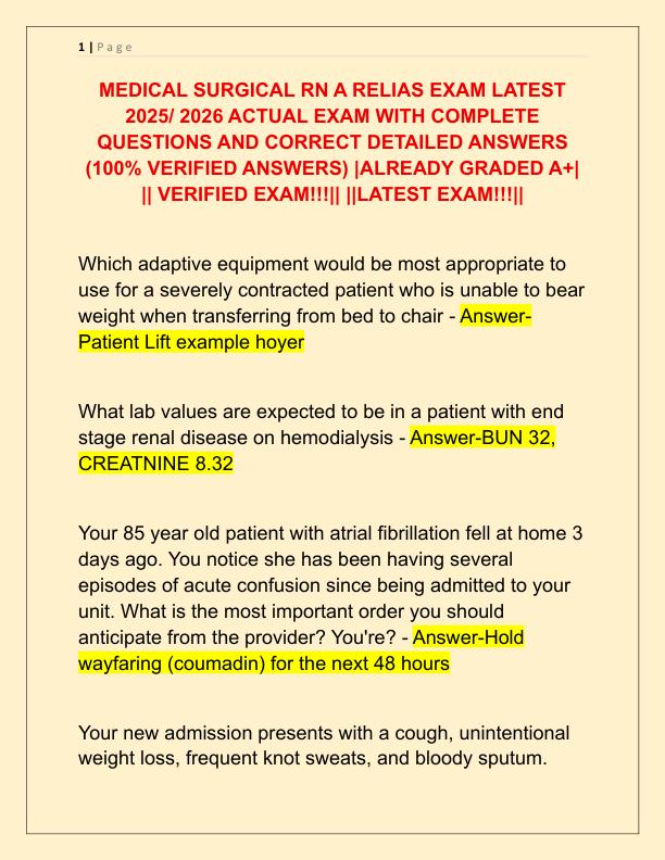 MEDICAL SURGICAL RN A RELIAS EXAM LATEST 2025