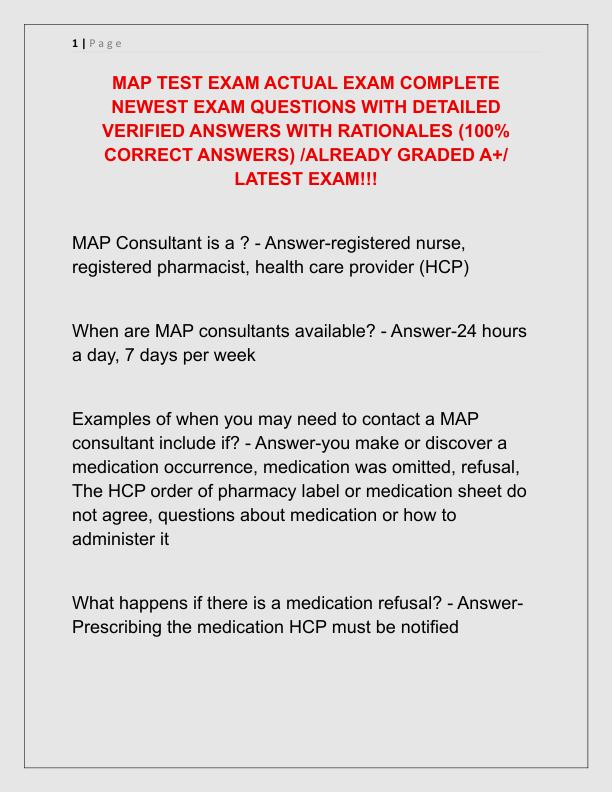 MAP TEST EXAM ACTUAL EXAM COMPLETE NEWEST EXAM QUESTIONS WITH DETAILED VERIFIED ANSWERS WITH RATIONALES