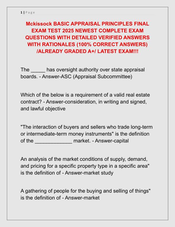 Mckissock BASIC APPRAISAL PRINCIPLES FINAL EXAM TEST 2025 NEWEST COMPLETE EXAM QUESTIONS WITH DETAILED VERIFIED ANSWERS WITH RATIONALES