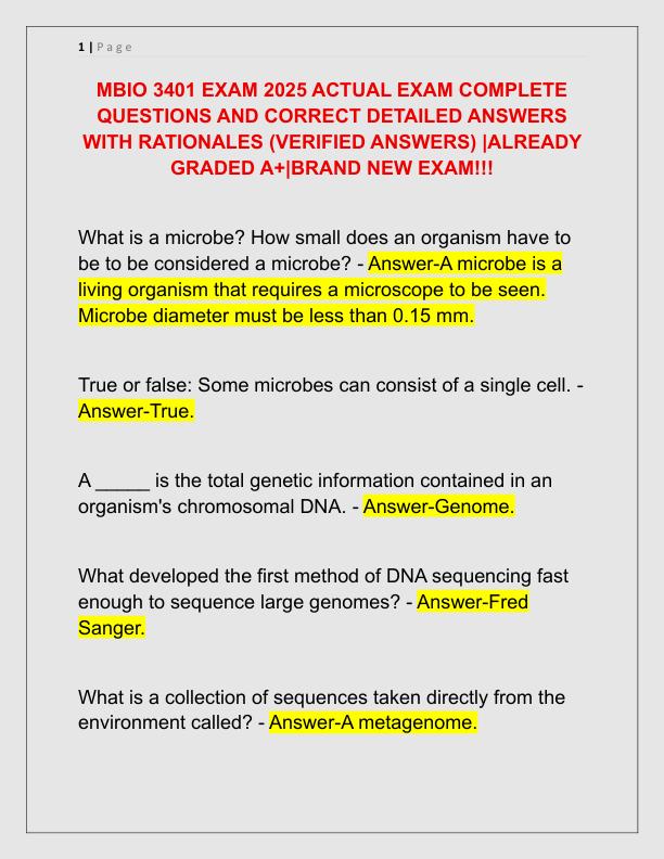 MBIO 3401 EXAM 2025 ACTUAL EXAM COMPLETE QUESTIONS AND CORRECT DETAILED ANSWERS WITH RATIONALES