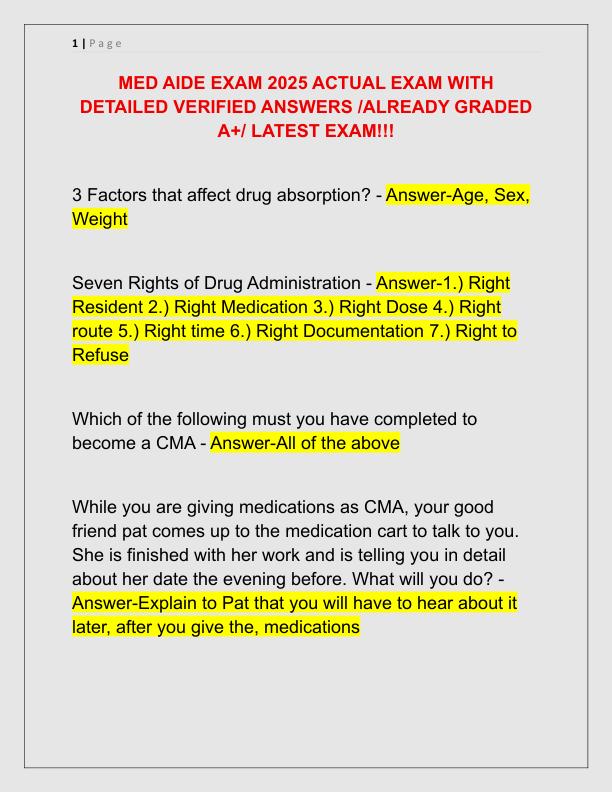 MED AIDE EXAM 2025 ACTUAL EXAM WITH DETAILED VERIFIED ANSWERS
