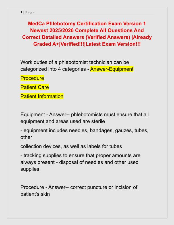 MedCa Phlebotomy Certification Exam Version 1 Newest 2025