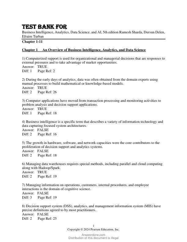 Test Bank For Business Intelligence, Analytics, Data Science, and AI, 5th Edition by Ramesh Sharda, Dursun Delen, Efraim Turban Chapter 1-11