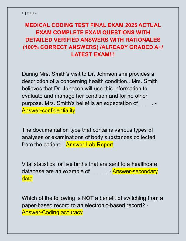 MEDICAL CODING TEST FINAL EXAM 2025 ACTUAL EXAM COMPLETE EXAM QUESTIONS WITH DETAILED VERIFIED ANSWERS WITH RATIONALES