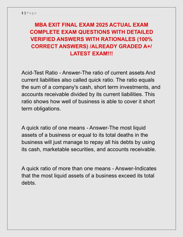 MBA EXIT FINAL EXAM 2025 ACTUAL EXAM COMPLETE EXAM QUESTIONS WITH DETAILED VERIFIED ANSWERS WITH RATIONALES