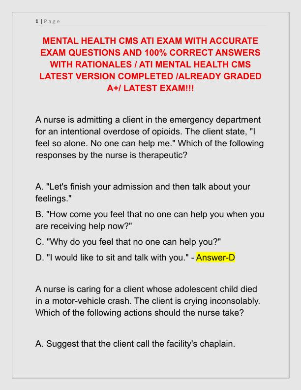 MENTAL HEALTH CMS ATI EXAM WITH ACCURATE EXAM QUESTIONS AND 100
