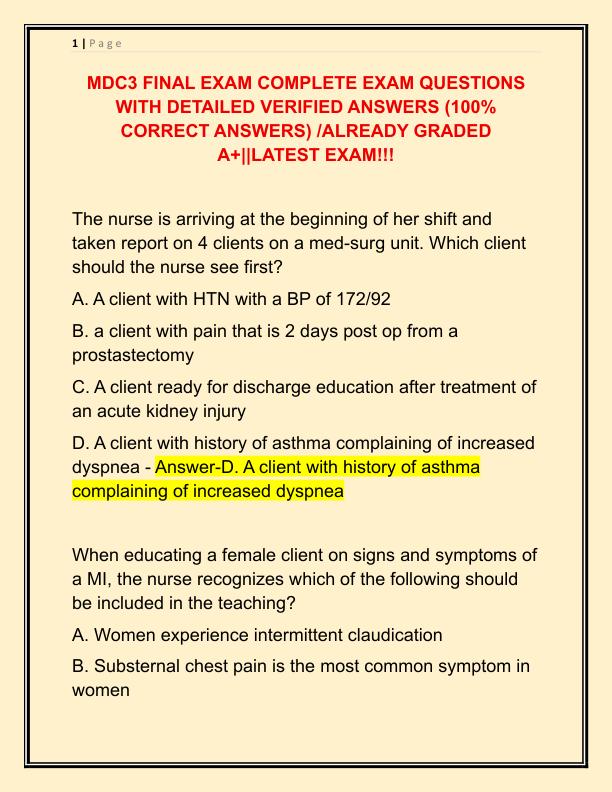 MDC3 FINAL EXAM COMPLETE EXAM QUESTIONS WITH DETAILED VERIFIED ANSWERS
