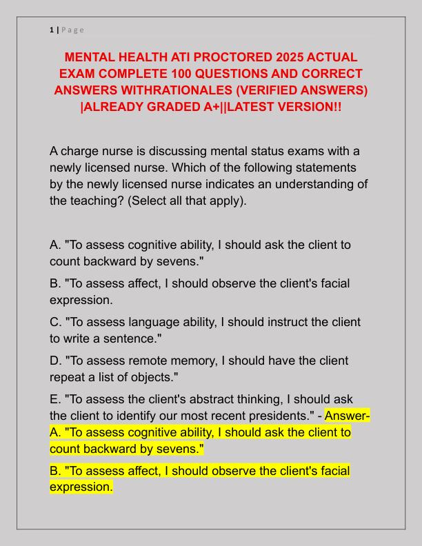 MENTAL HEALTH ATI PROCTORED 2025 ACTUAL EXAM COMPLETE 100 QUESTIONS AND CORRECT ANSWERS WITHRATIONALES