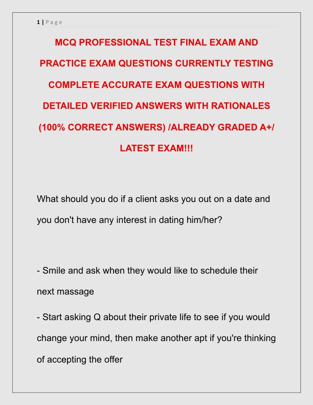 MCQ PROFESSIONAL TEST FINAL EXAM AND PRACTICE EXAM QUESTIONS CURRENTLY TESTING COMPLETE ACCURATE EXAM QUESTIONS WITH DETAILED VERIFIED ANSWERS WITH RATIONALES