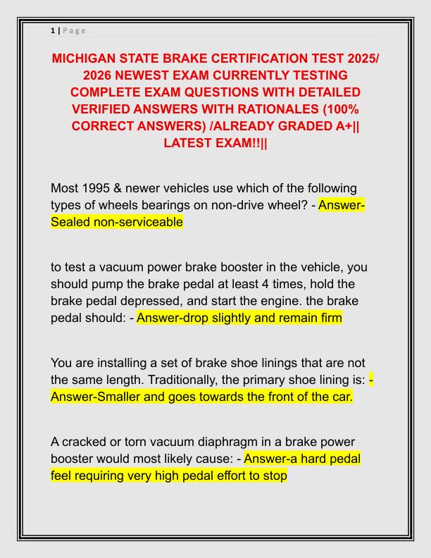 MICHIGAN STATE BRAKE CERTIFICATION TEST 2025