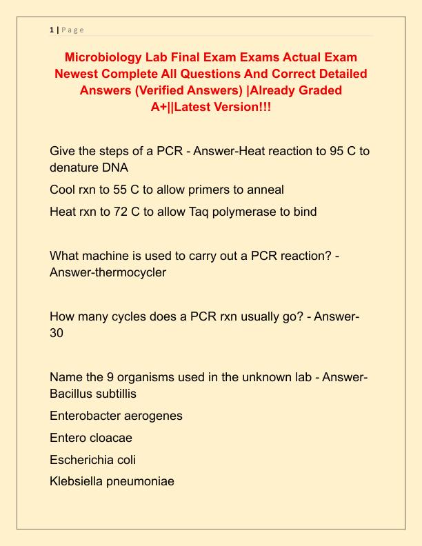 Microbiology Lab Final Exam Exams Actual Exam Newest Complete All Questions And Correct Detailed Answers