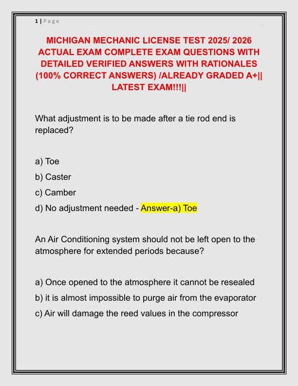MICHIGAN MECHANIC LICENSE TEST 2025