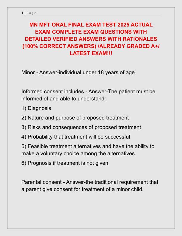 MN MFT ORAL FINAL EXAM TEST 2025 ACTUAL EXAM COMPLETE EXAM QUESTIONS WITH DETAILED VERIFIED ANSWERS WITH RATIONALES