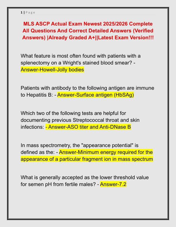 MLS ASCP Actual Exam Newest 2025