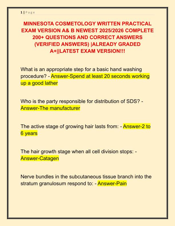 MINNESOTA COSMETOLOGY WRITTEN PRACTICAL EXAM VERSION A