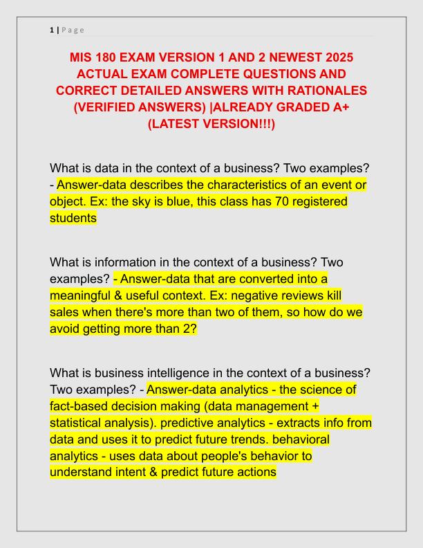MIS 180 EXAM VERSION 1 AND 2 NEWEST 2025 ACTUAL EXAM COMPLETE QUESTIONS AND CORRECT DETAILED ANSWERS WITH RATIONALES