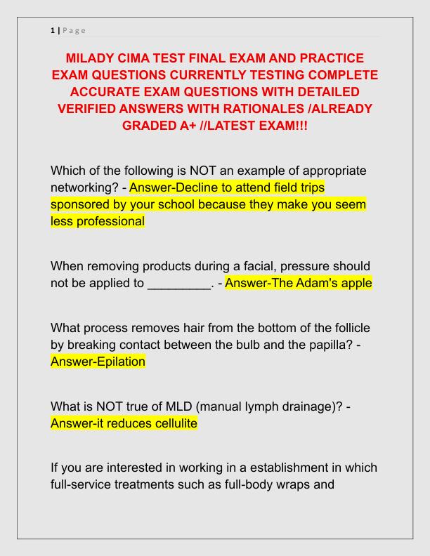 MILADY CIMA TEST FINAL EXAM AND PRACTICE EXAM QUESTIONS CURRENTLY TESTING COMPLETE ACCURATE EXAM QUESTIONS WITH DETAILED VERIFIED ANSWERS WITH RATIONALES