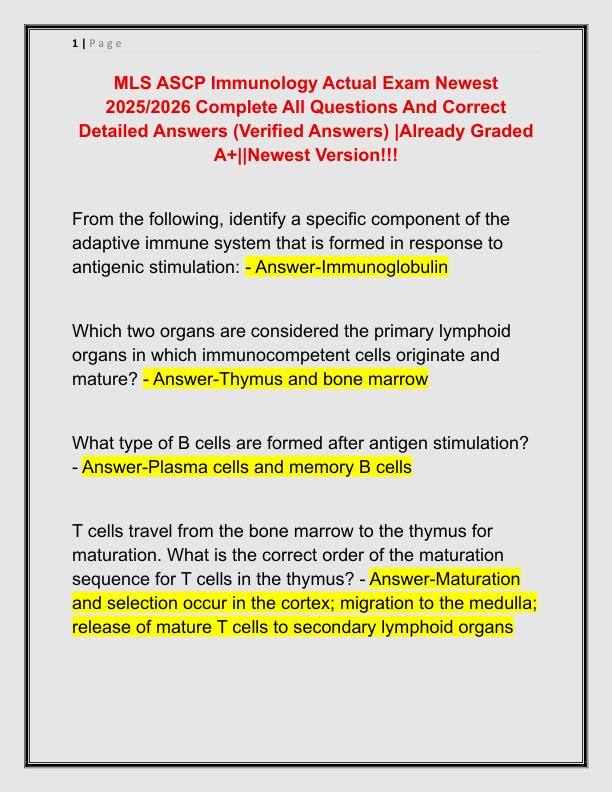 MLS ASCP Immunology Actual Exam Newest 2025