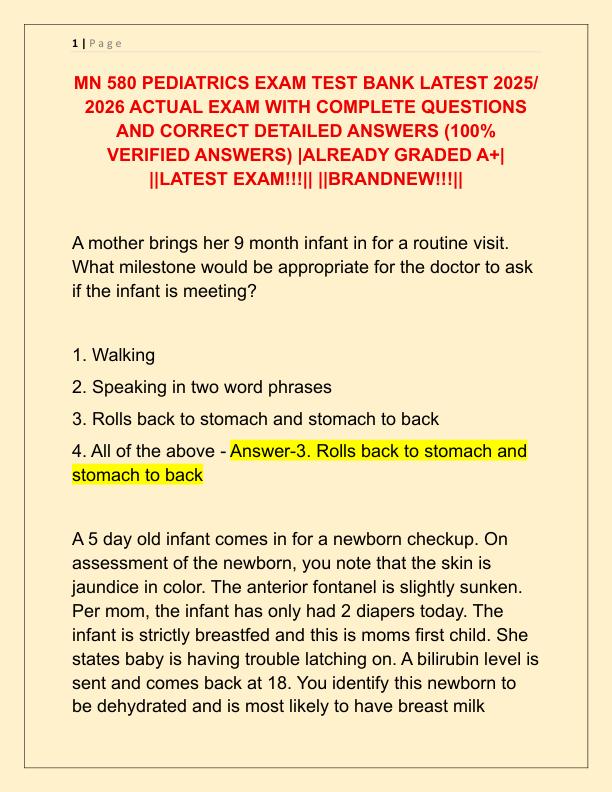 MN 580 PEDIATRICS EXAM TEST BANK LATEST 2025
