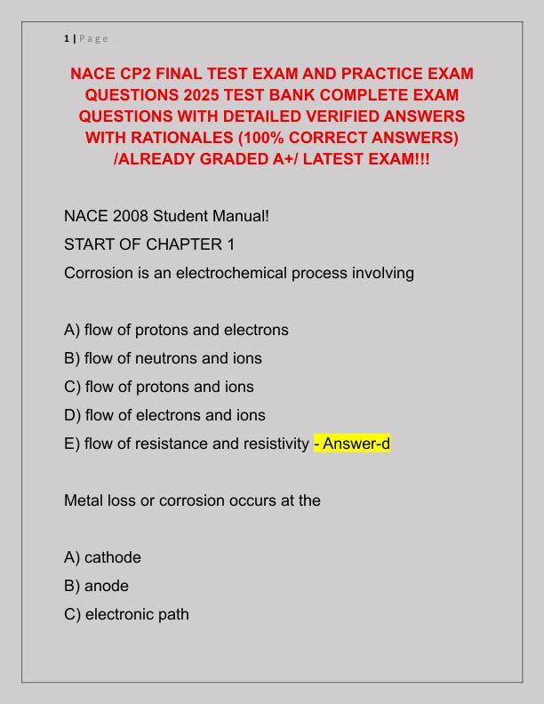 NACE CP2 FINAL TEST EXAM AND PRACTICE EXAM QUESTIONS 2025 TEST BANK COMPLETE EXAM QUESTIONS WITH DETAILED VERIFIED ANSWERS WITH RATIONALES
