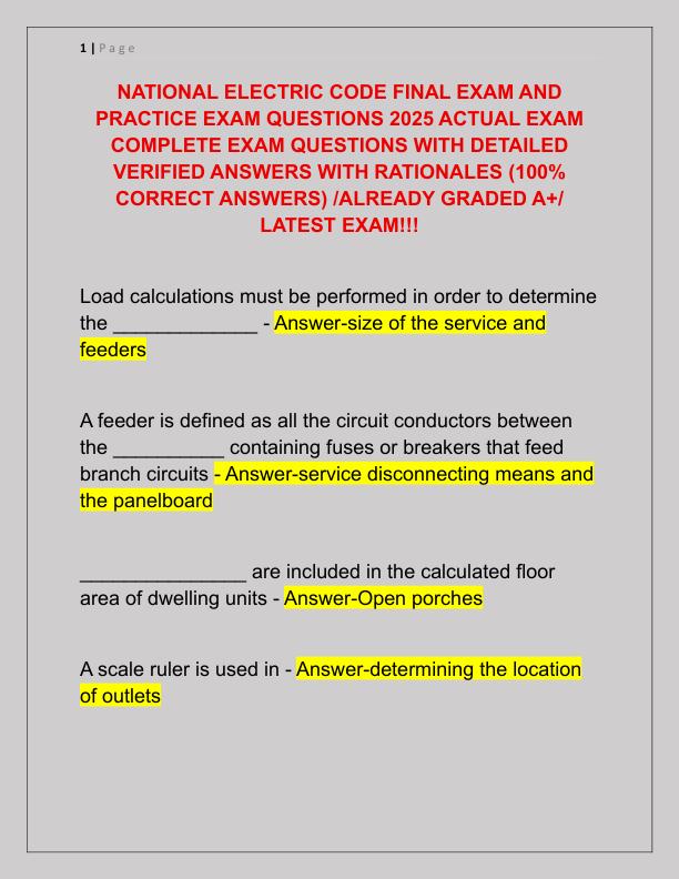 NATIONAL ELECTRIC CODE FINAL EXAM AND PRACTICE EXAM QUESTIONS 2025 ACTUAL EXAM COMPLETE EXAM QUESTIONS WITH DETAILED VERIFIED ANSWERS WITH RATIONALES