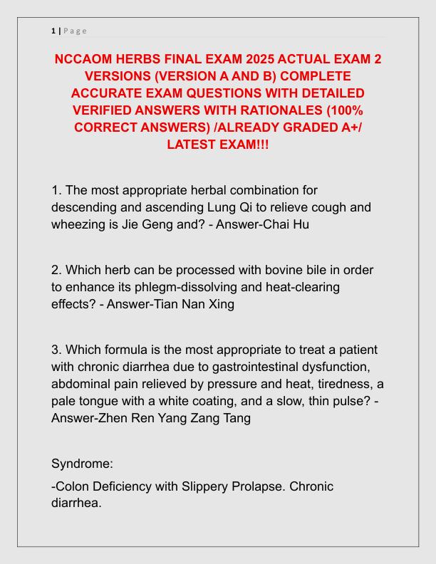 NCCAOM HERBS FINAL EXAM 2025 ACTUAL EXAM 2 VERSIONS