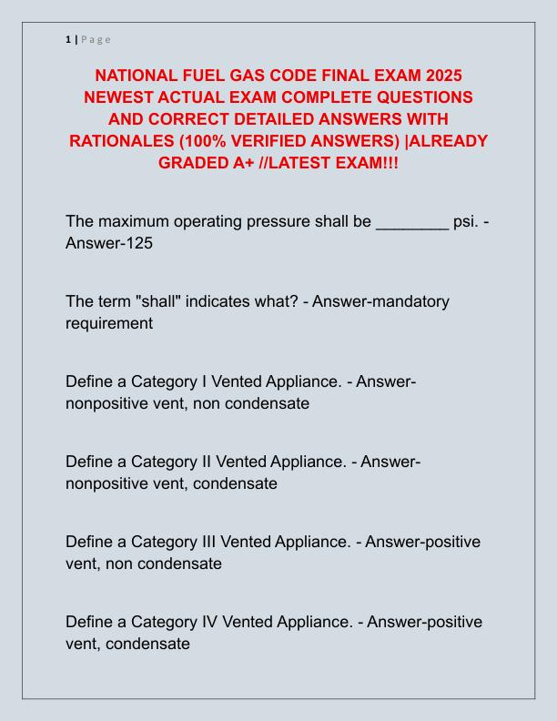 NATIONAL FUEL GAS CODE FINAL EXAM 2025 NEWEST ACTUAL EXAM COMPLETE QUESTIONS AND CORRECT DETAILED ANSWERS WITH RATIONALES