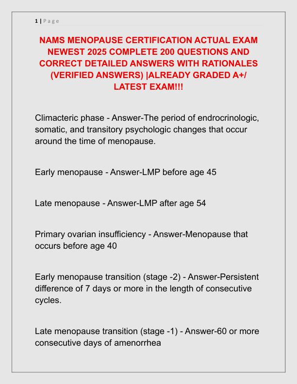 NAMS MENOPAUSE CERTIFICATION ACTUAL EXAM NEWEST 2025 COMPLETE 200 QUESTIONS AND CORRECT DETAILED ANSWERS WITH RATIONALES