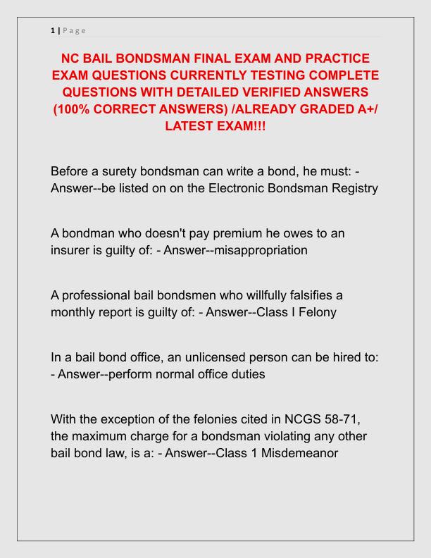 NC BAIL BONDSMAN FINAL EXAM AND PRACTICE EXAM QUESTIONS CURRENTLY TESTING COMPLETE QUESTIONS WITH DETAILED VERIFIED ANSWERS