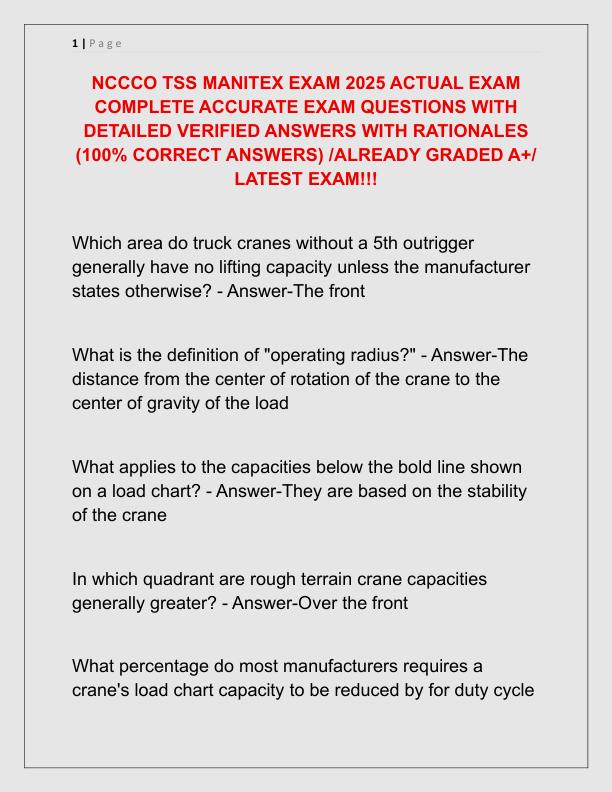 NCCCO TSS MANITEX EXAM 2025 ACTUAL EXAM COMPLETE ACCURATE EXAM QUESTIONS WITH DETAILED VERIFIED ANSWERS WITH RATIONALES