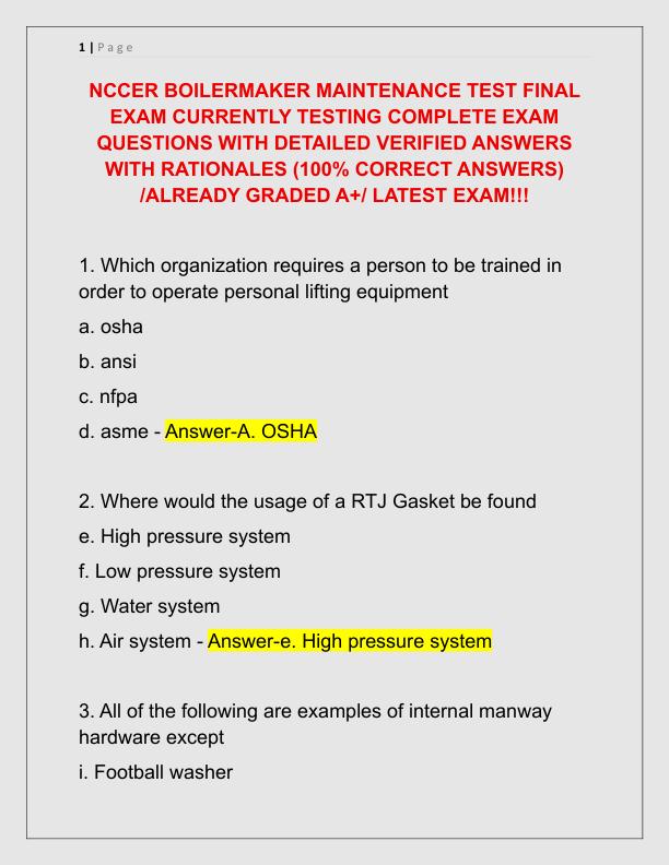 NCCER BOILERMAKER MAINTENANCE TEST FINAL EXAM CURRENTLY TESTING COMPLETE EXAM QUESTIONS WITH DETAILED VERIFIED ANSWERS WITH RATIONALES