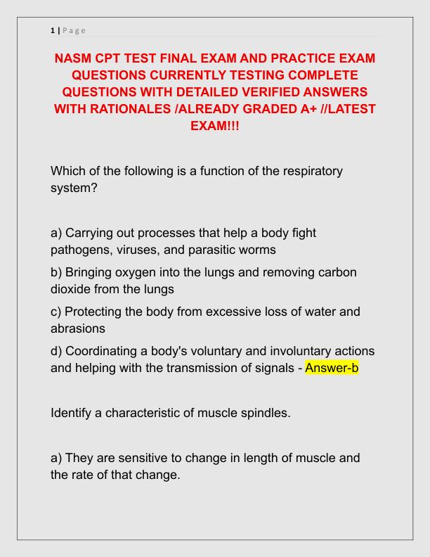 NASM CPT TEST FINAL EXAM AND PRACTICE EXAM QUESTIONS CURRENTLY TESTING COMPLETE QUESTIONS WITH DETAILED VERIFIED ANSWERS WITH RATIONALES