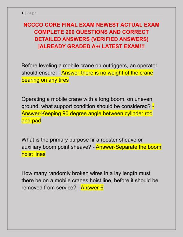 NCCCO CORE FINAL EXAM NEWEST ACTUAL EXAM COMPLETE 200 QUESTIONS AND CORRECT DETAILED ANSWERS