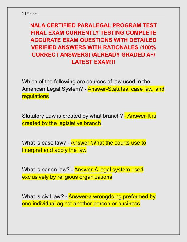 NALA CERTIFIED PARALEGAL PROGRAM TEST FINAL EXAM CURRENTLY TESTING COMPLETE ACCURATE EXAM QUESTIONS WITH DETAILED VERIFIED ANSWERS WITH RATIONALES