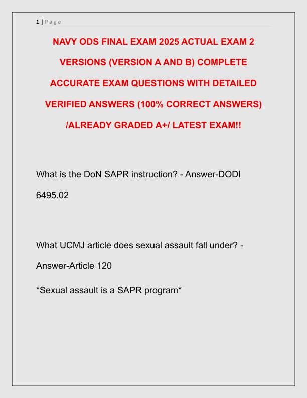 NAVY ODS FINAL EXAM 2025 ACTUAL EXAM 2 VERSIONS