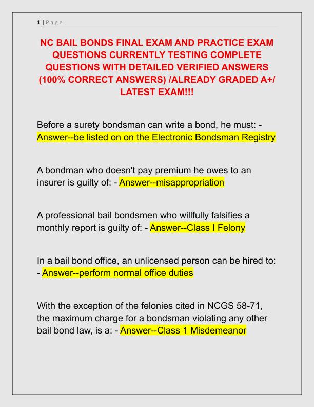NC BAIL BONDS FINAL EXAM AND PRACTICE EXAM QUESTIONS CURRENTLY TESTING COMPLETE QUESTIONS WITH DETAILED VERIFIED ANSWERS