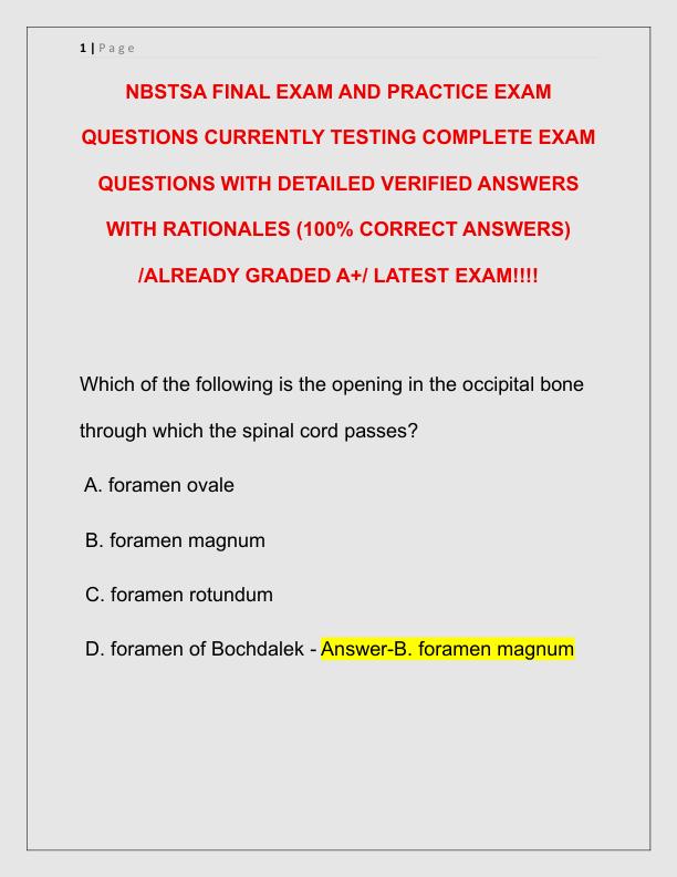 NBSTSA FINAL EXAM AND PRACTICE EXAM QUESTIONS CURRENTLY TESTING COMPLETE EXAM QUESTIONS WITH DETAILED VERIFIED ANSWERS WITH RATIONALES
