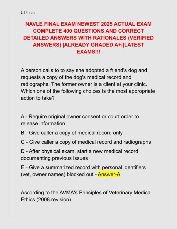 NAVLE FINAL EXAM NEWEST 2025 ACTUAL EXAM COMPLETE 400 QUESTIONS AND CORRECT DETAILED ANSWERS WITH RATIONALES